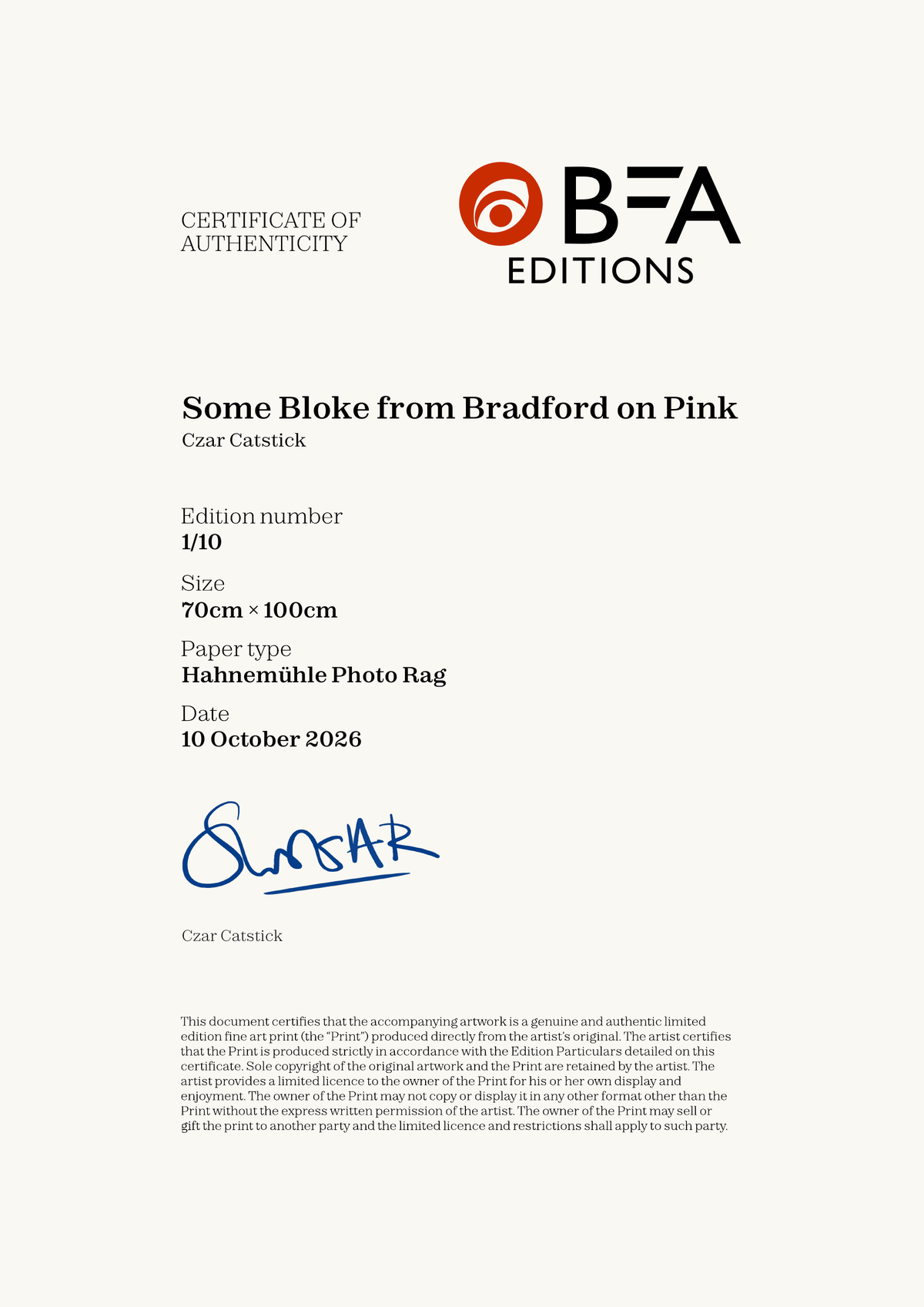 Some Bloke from Bradford on Pink — Certificate of Authenticity