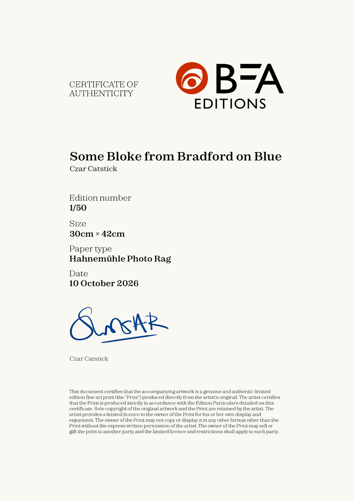 Some Bloke from Bradford on Blue — Certificate of Authenticity