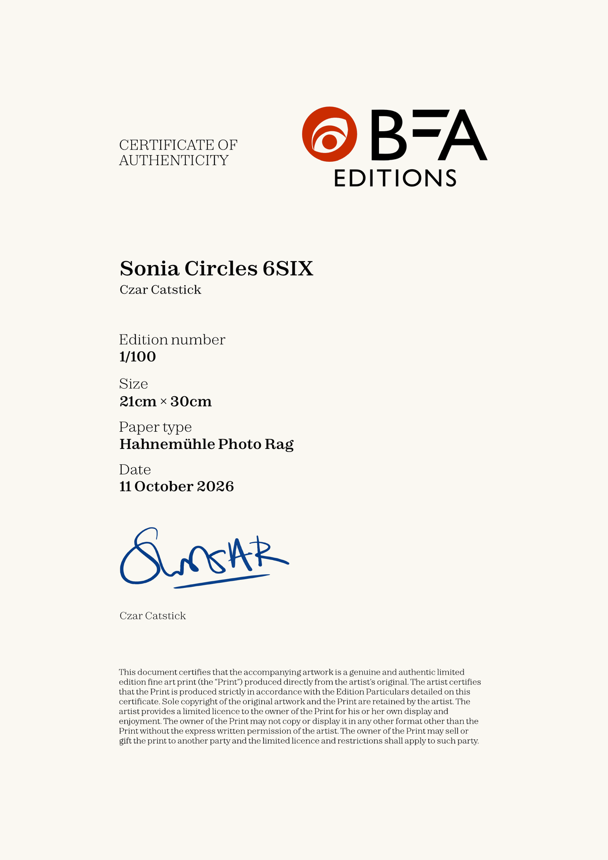 Sonia Circles 6SIX — Certificate of Authenticity