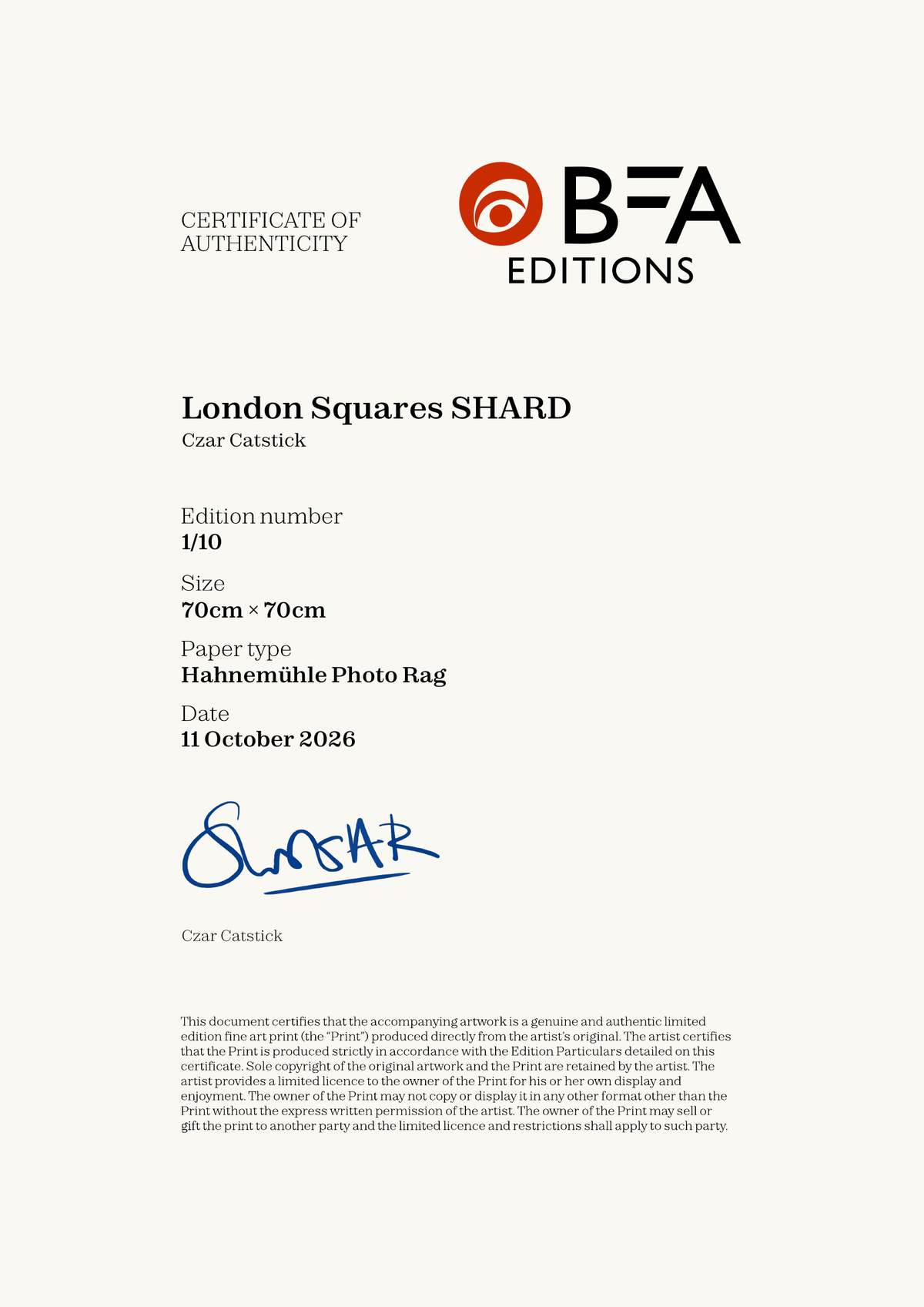 London Squares SHARD — Certificate of Authenticity