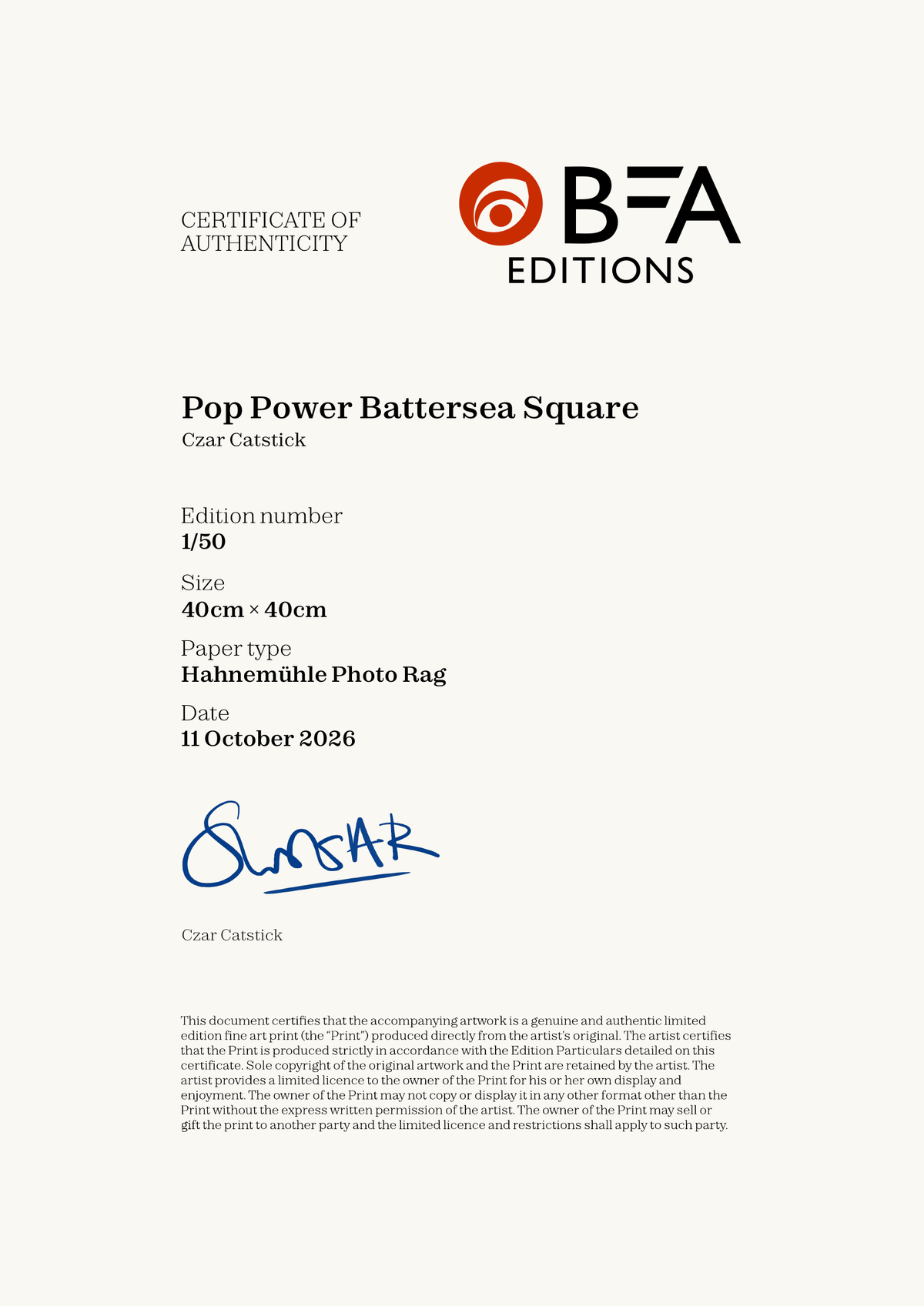 Pop Power Battersea Square — Certificate of Authenticity
