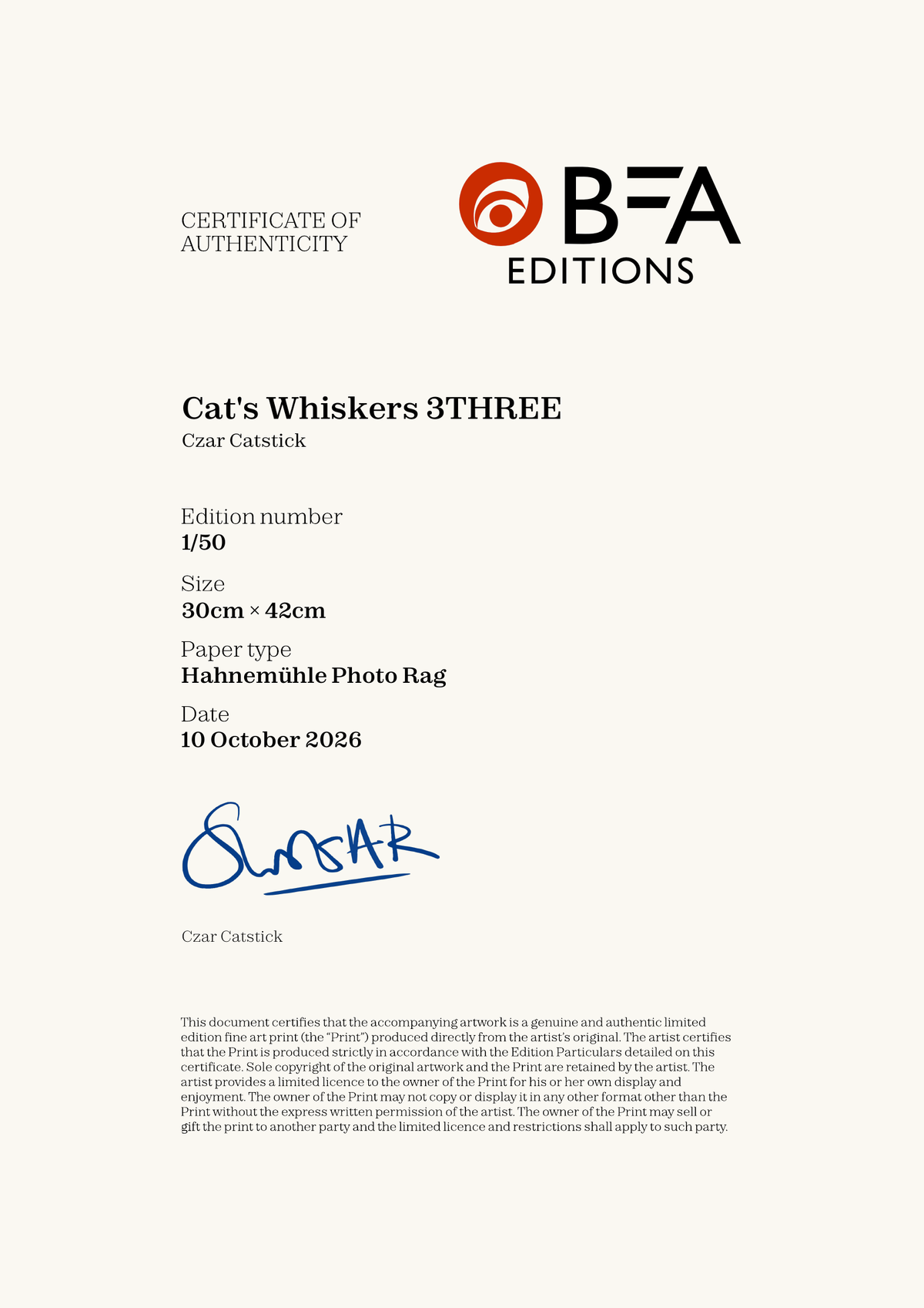 Cat's Whiskers 3THREE — Certificate of Authenticity
