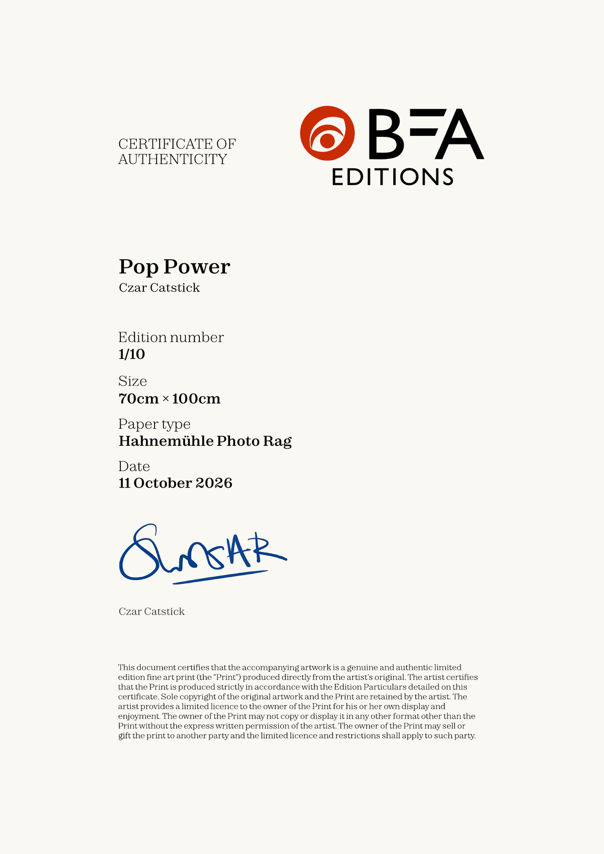 Pop Power — Certificate of Authenticity