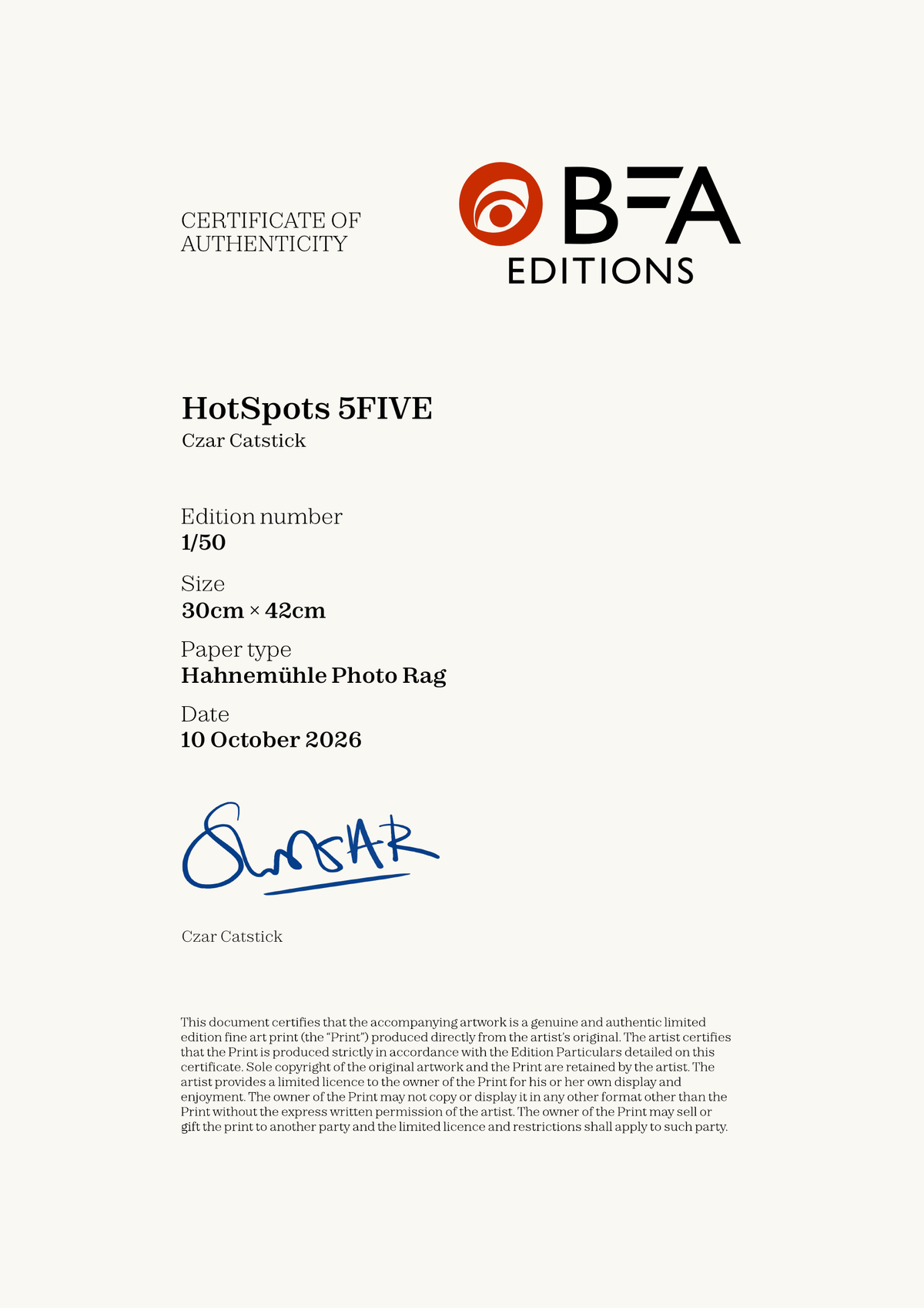 HotSpots 5FIVE — Certificate of Authenticity