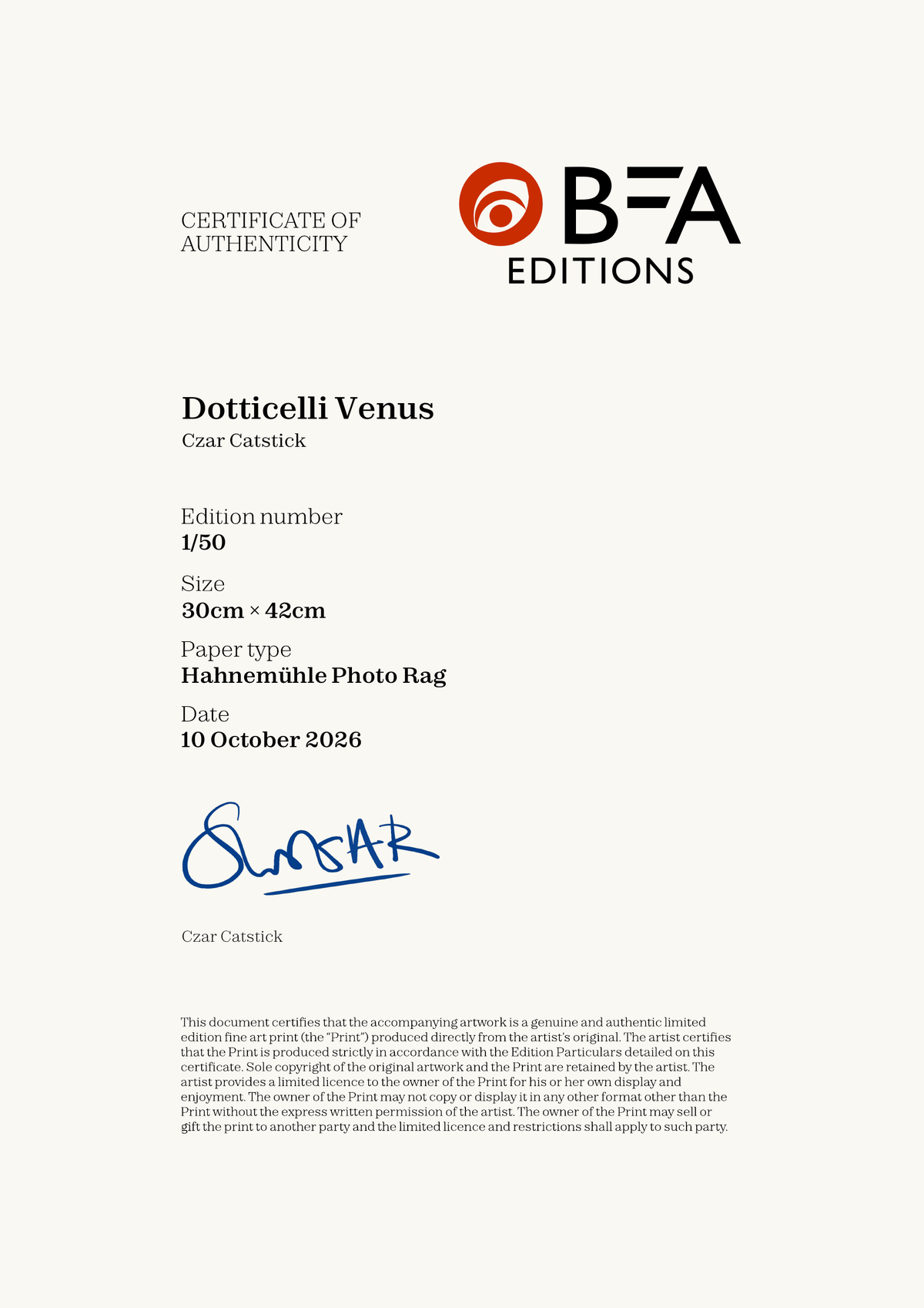 Dotticelli Venus — Certificate of Authenticity