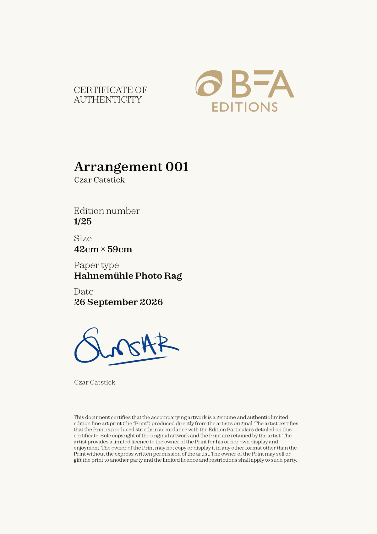 Arrangement 001 — Certificate of Authenticity