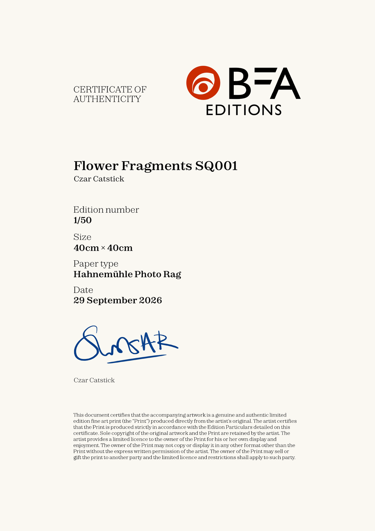Flower Fragments SQ001 — Certificate of Authenticity