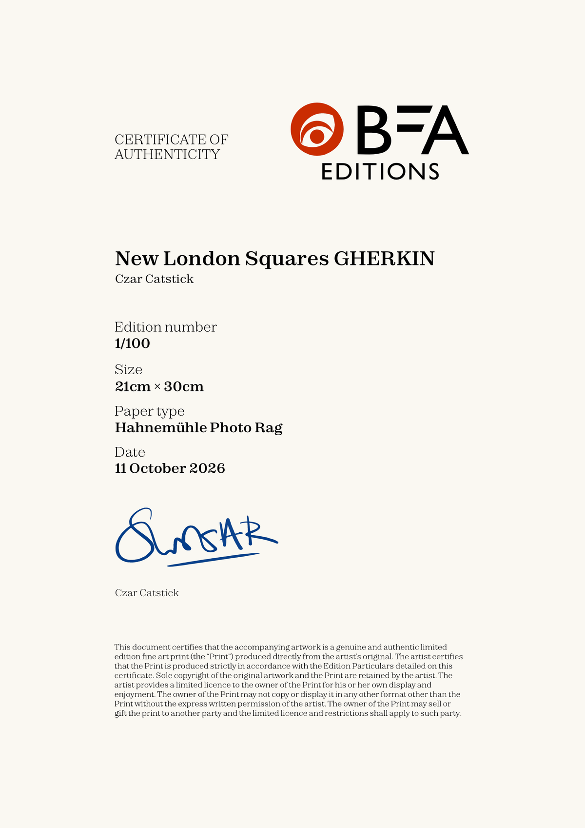 New London Squares GHERKIN — Certificate of Authenticity