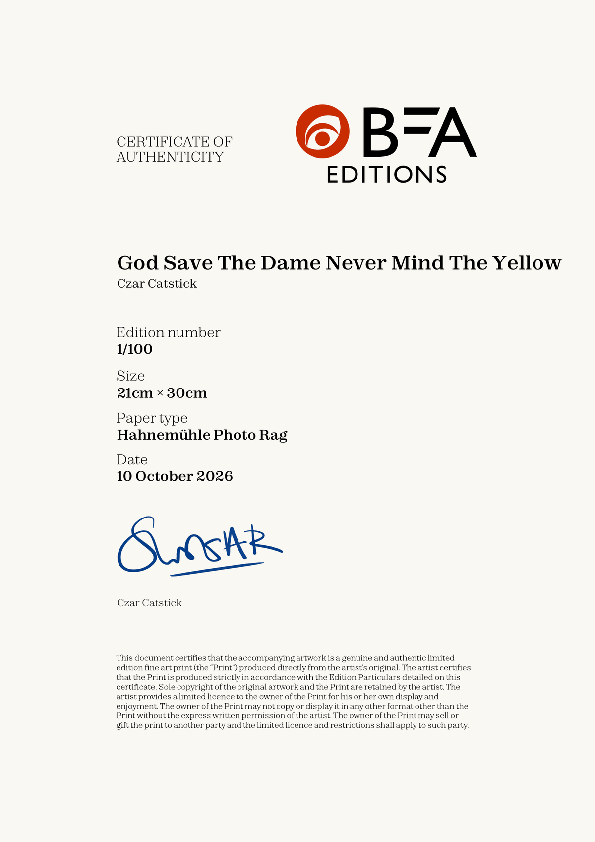 God Save The Dame Never Mind The Yellow — Certificate of Authenticity