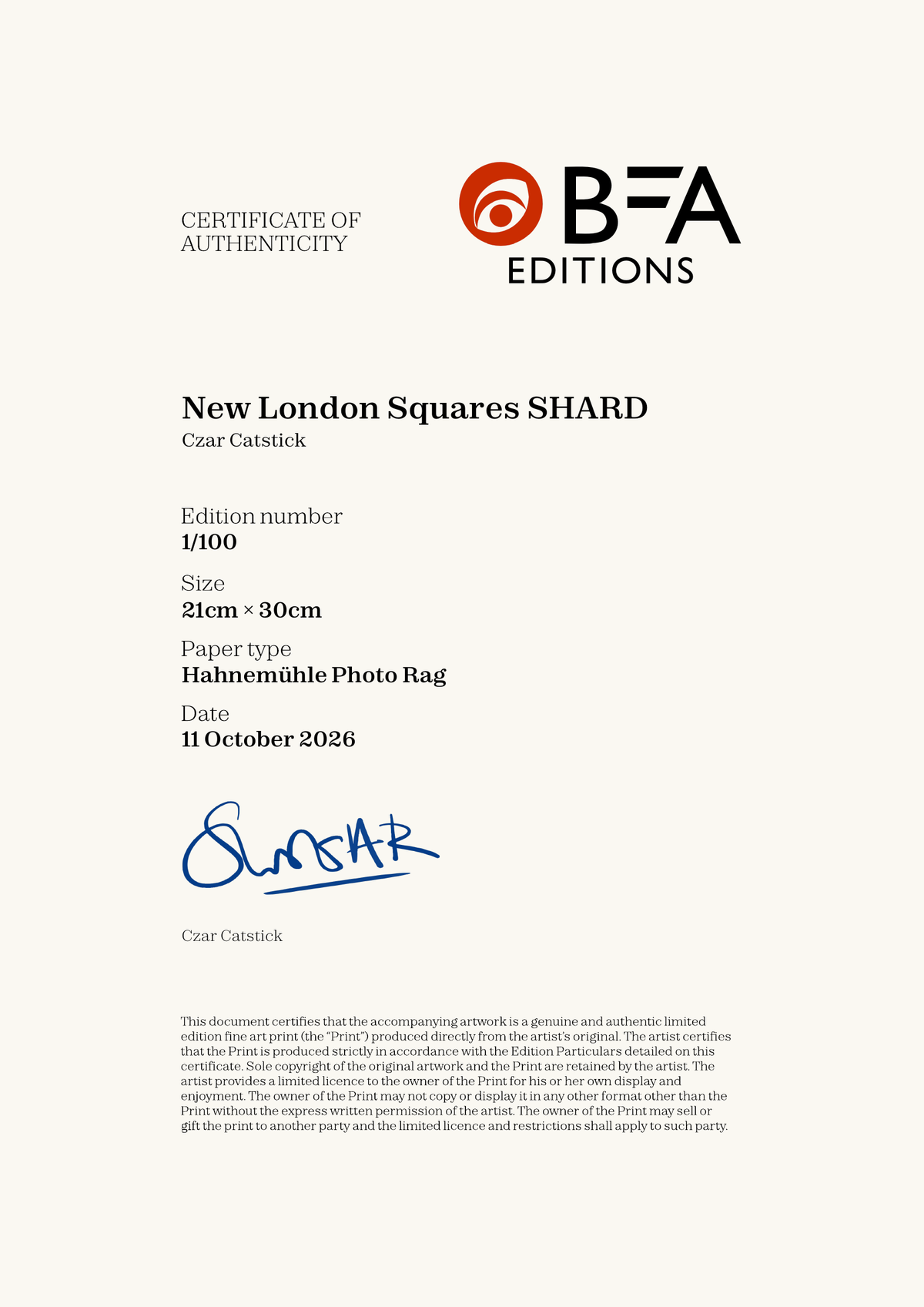 New London Squares SHARD — Certificate of Authenticity