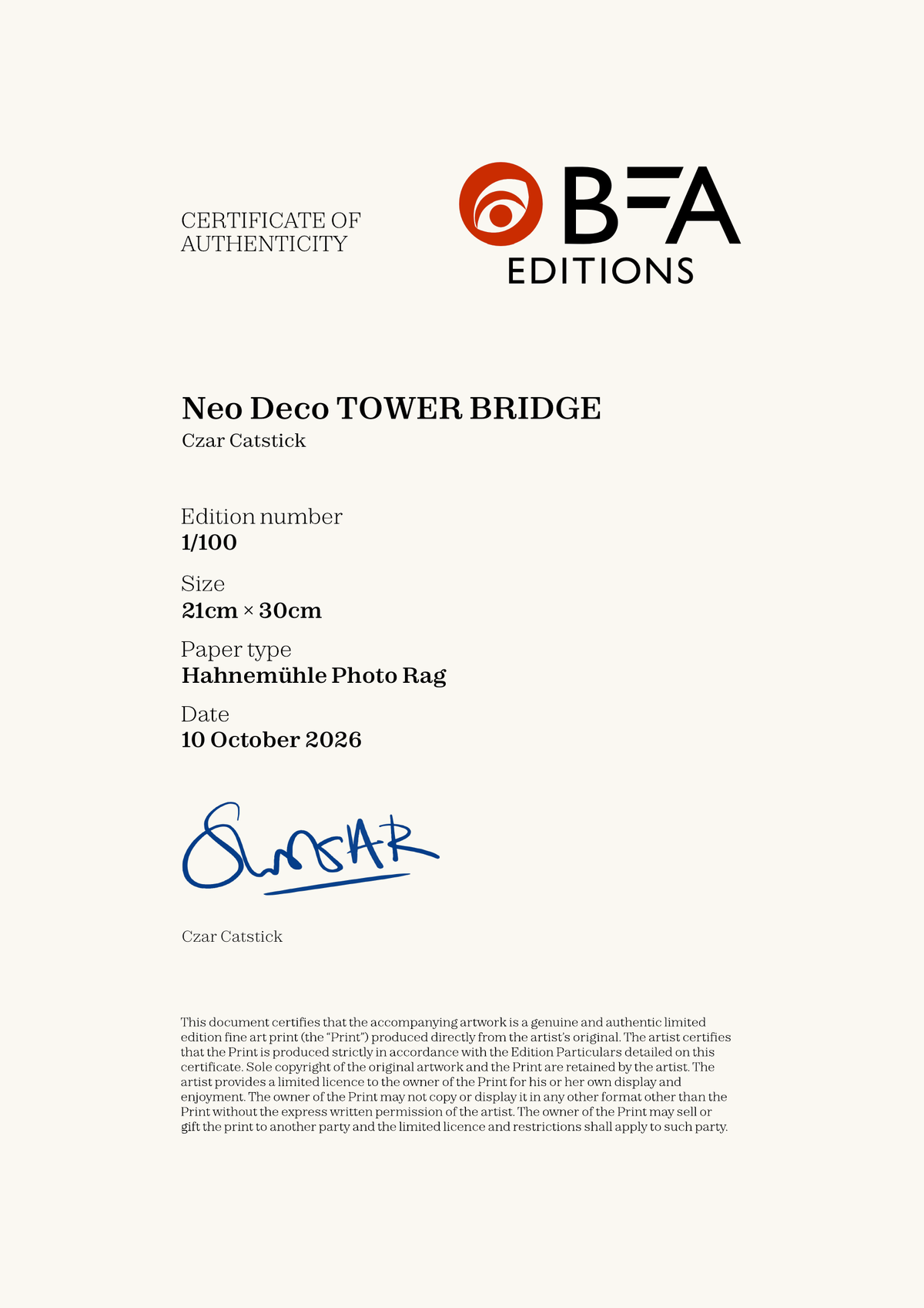 Neo Deco TOWER BRIDGE — Certificate of Authenticity
