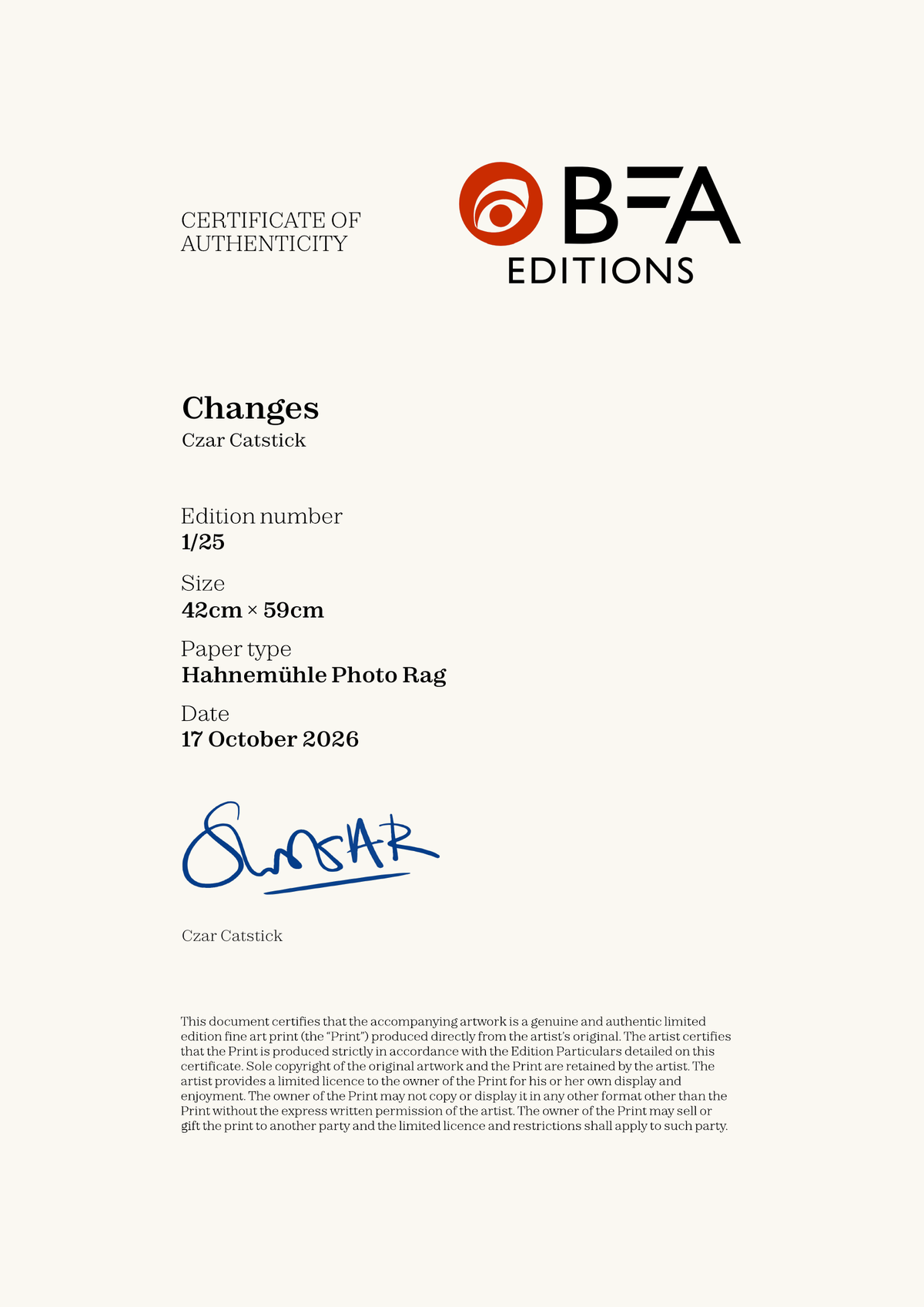 Changes — Certificate of Authenticity